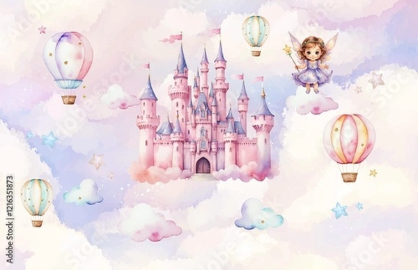 Obraz Design for wallpaper. Background for the holiday. Children's background. An air castle. A magical land. Flower fairies in the clouds.