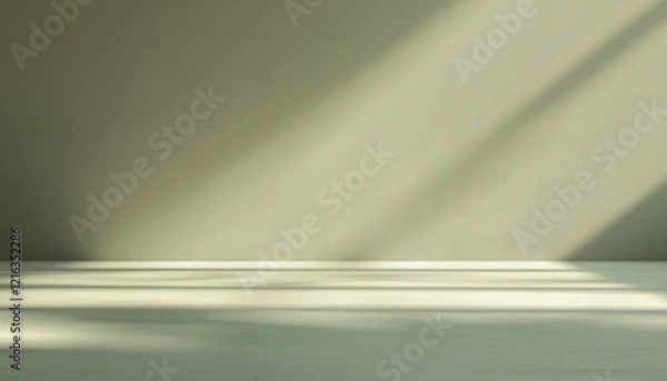 Fototapeta Minimalist abstract light background for product presentation in green tones. Soft shadow from the window on empty wall.