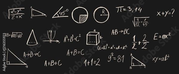 Fototapeta Math Equations Crayon Chalk Drawing on Blackboard Vector Set