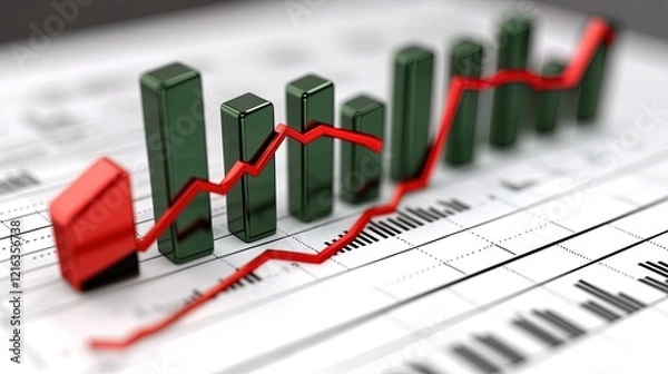 Fototapeta Financial graph with line and bar charts in green and red, depicting gains and losses, intense business theme 