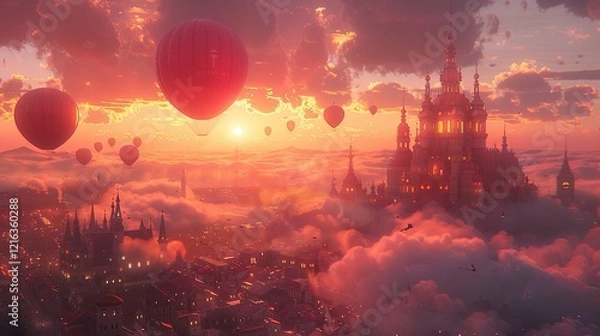 Fototapeta Flat design captures the wonder of a child’s first VR experience--flying over a magical city