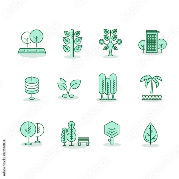 Fototapeta Trees set thin line vector icons on white