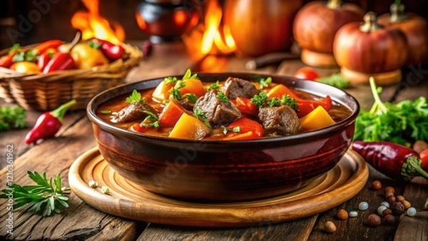 Obraz Delicious Stew in Bowl, Restaurant Scene, Vibrant Colors
