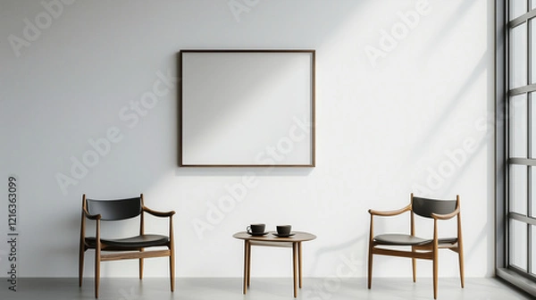 Fototapeta A stark, white wall with one framed, minimalist coffee art piece, adding character.