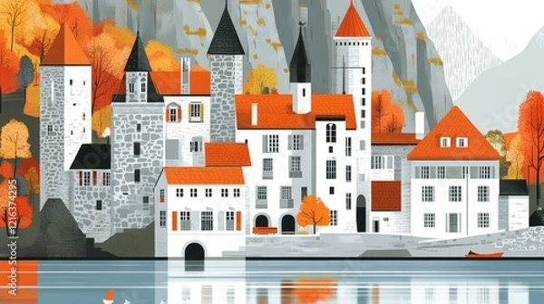 Obraz Autumnal Lakeside Village with Medieval Architecture and Colorful Buildings