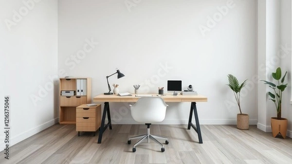 Fototapeta A minimalist desk with various office supplies and an abstract chair sits in the corner of a spacious room with high ceilings, modern interior design, clean lines, minimalist desk
