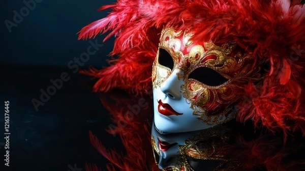 Fototapeta Venetian Mask of Mystery: An ornate Venetian mask, adorned with intricate gold filigree and vibrant red feathers, rests against a dramatic black background, casting a mesmerizing reflection.