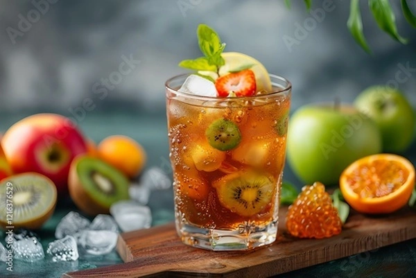 Fototapeta Chilled beverage with kiwi, strawberry, and citrus on a wooden board