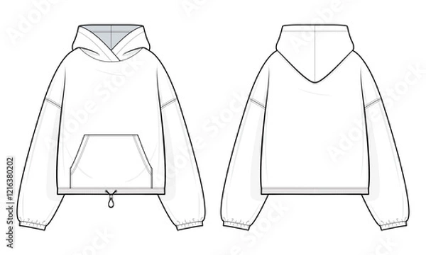 Fototapeta Hooded jacket Technical Fashion Illustration. Oversized-Fit Hoodie with Kangaroo Pocket and Garterized Cuffs and drawstring Hem vector template. Casual street wear. Unisex. CAD Mockup Set.