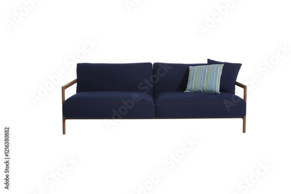 Fototapeta A sofa with pillows in a minimalist design with wooden legs + clipping path. The sofa is isolated on a White background.