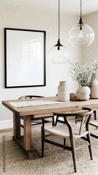 Fototapeta Modern Minimalist Dining Room Decor with Wooden Table,  Pendant Lights, and Neutral Tones