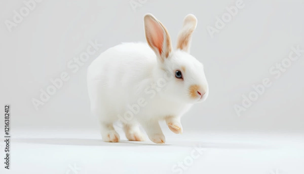 Fototapeta A cute white rabbit on a white background, fluffy and small, with soft fur and big ears, looking adorable and tame
