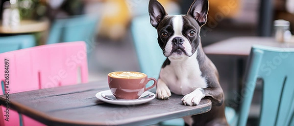 Obraz Charming Boston Terrier Relaxing on a Cafe Patio Table Enjoying the Outdoors with a Scenic View Perfect for Pet Lovers and Dog Enthusiasts Seeking Cozy Moments