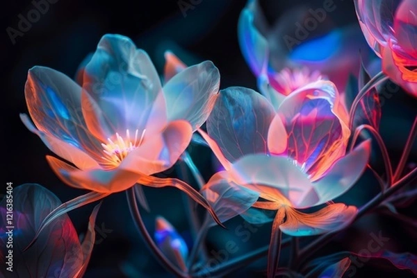 Fototapeta Vibrant, colorful neon flowers blooming in the darkness, creating a magical and surreal atmosphere