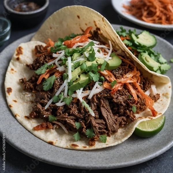 Fototapeta "A Korean-inspired taco with bulgogi beef and kimchi slaw."