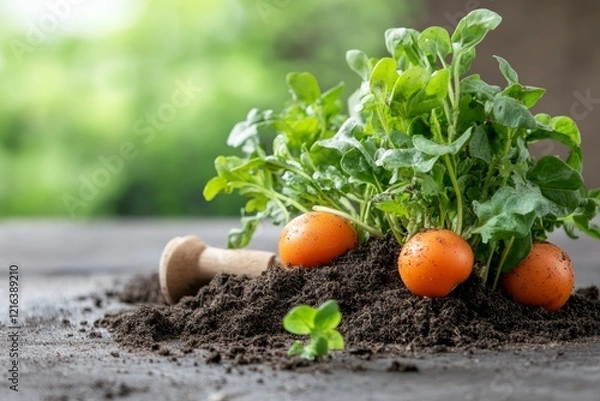 Fototapeta Efficiency and Resource Management concept. Fresh carrots growing in soil with green leaves in a garden setting.