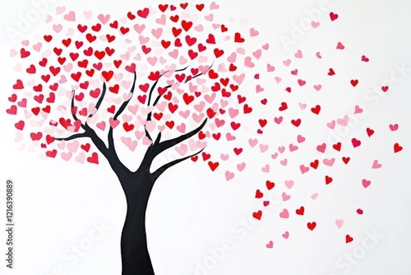 Obraz Tree with pink and red hearts is depicted in the image. The tree is surrounded by a large number of pink and red hearts, creating a beautiful and romantic scene