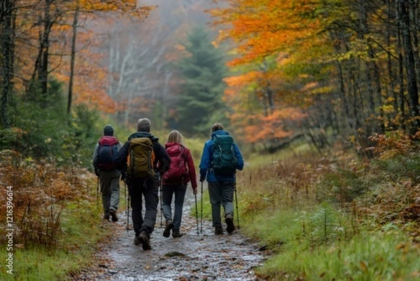 Obraz Hikers walking on trail in autumn forest