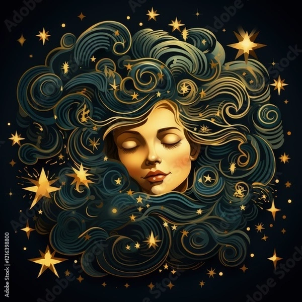 Fototapeta Sleeping with Stars and Planets in Her Eyes, a Dreamy Cosmic Illustration