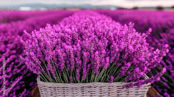 Obraz Vibrant Lavender Fields with Basket at Sunset Capturing Tranquility and Natural Beauty