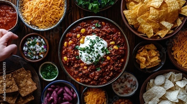 Obraz Overhead view of chili for Super Bowl Sunday. 
