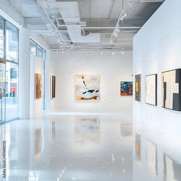 Fototapeta Modern Art Gallery Interior: A bright, minimalist art gallery showcases a diverse collection of modern paintings, with sleek white walls and floors reflecting the natural light.