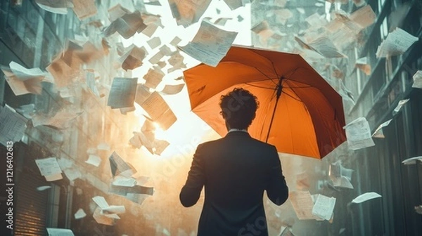 Fototapeta A person stands with an umbrella amidst swirling papers, symbolizing chaos and resilience.