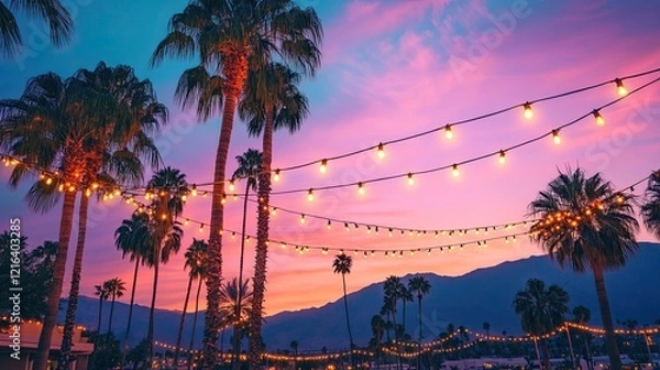 Obraz Palm trees and string party lights at sunset in Palm Springs, Coachella Valley. 