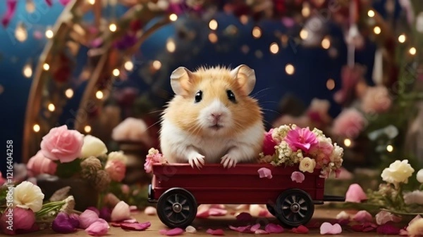 Fototapeta A hamster in a tiny decorated wagon filled with flower petals, with a festive Pet Day backdrop.
