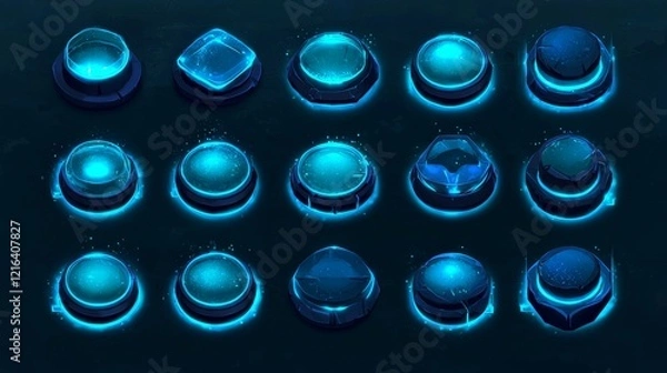 Fototapeta Glowing Blue Futuristic Interface Buttons on Dark Background: Sci-Fi Design Elements