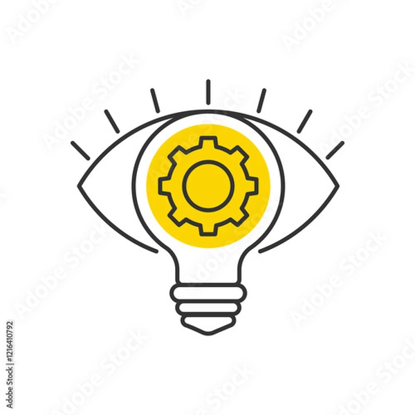 Fototapeta Creative logo with eye, gear and a light bulb icon as an idea symbol. Innovative, smart solution, vision sign.