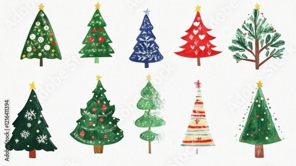 Fototapeta Artistic hand-drawn Christmas trees. Featuring various styles and imaginative decorations. Highlighting artistic expression. Ideal for holiday greeting cards.