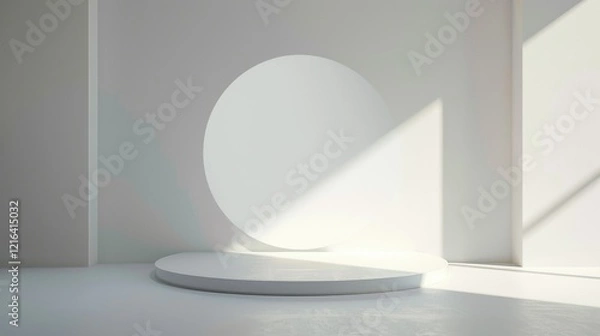 Fototapeta A minimalist display space featuring a circular platform and wall for presentations or exhibitions.
