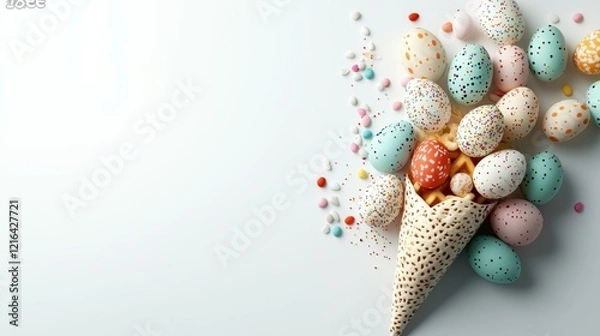 Fototapeta Top view and flat lay of conceptual arrangement decoration for Happy Easter holiday on white background. Colorful pastel eggs and topping spill out of the waffle horn with copy space. 