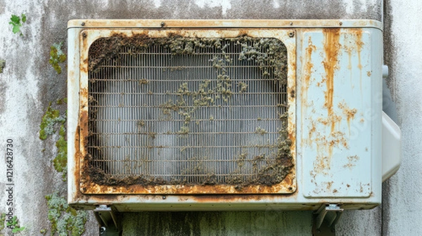 Fototapeta An old, rusted air conditioning unit covered in dirt and grime, showing signs of neglect and disrepair against a wall.