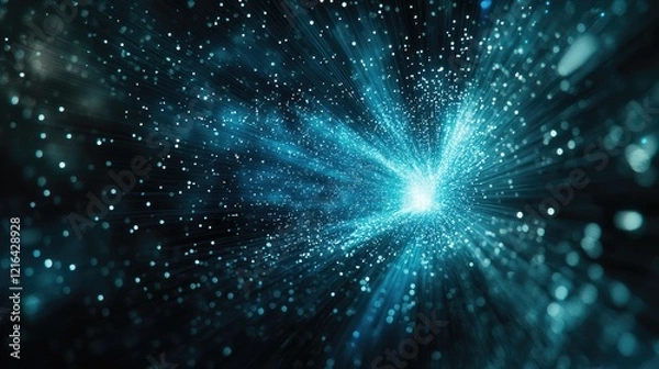 Fototapeta Abstract digital background featuring dynamic lines and glowing particles in varying shades of blue.