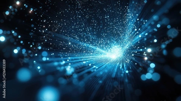 Fototapeta Abstract digital background featuring dynamic lines and glowing particles in varying shades of blue.