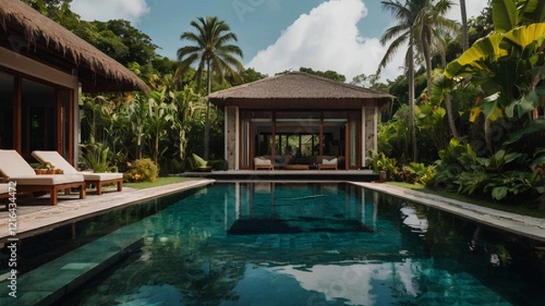 Fototapeta Remote work in a tropical villa with an infinity pool and lush garden backdrop, General AI
