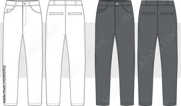 Obraz Men's Casual chino trouser pant front and back view flat sketch fashion illustration drawing, slim fit denim jeans pants vector template, CAD, Mockup.