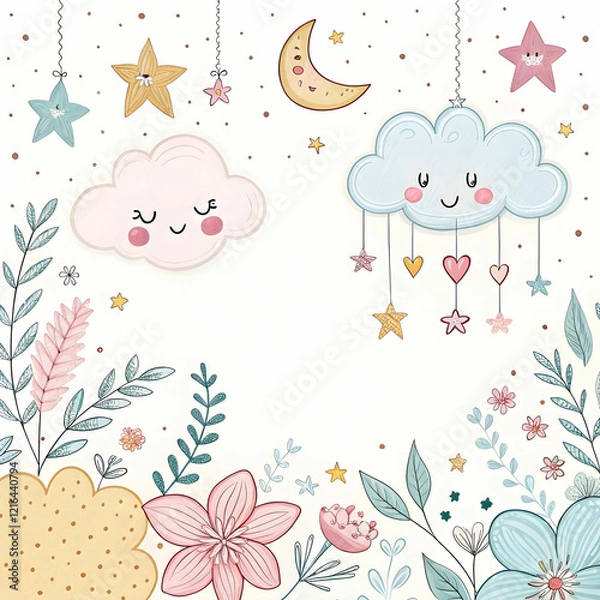 Obraz A hand-drawn baby announcement featuring charming illustrations