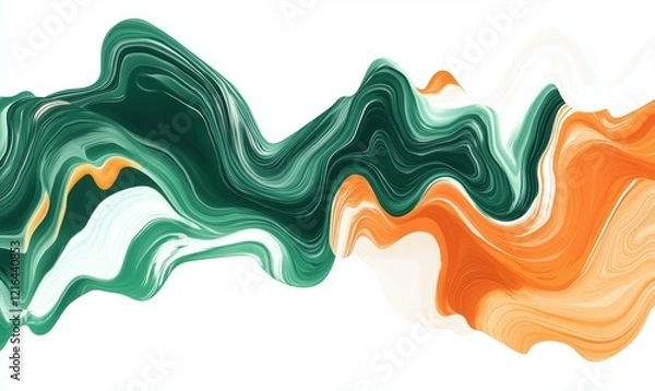Fototapeta Abstract fluid art design with green and orange waves, showcasing smooth curves and vibrant colors, perfect for modern decor and artistic expression
