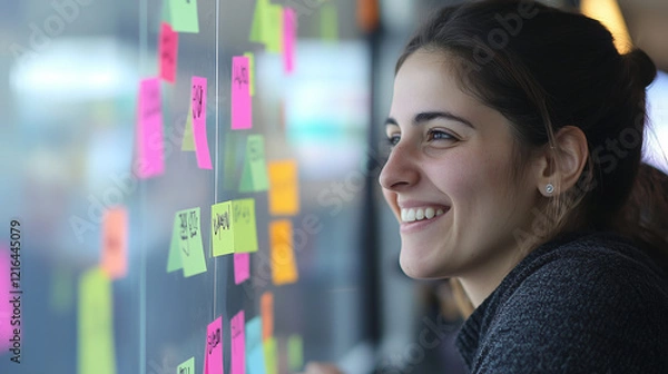 Fototapeta Sticky Note Post It Board Office. Business people meeting at office and use post it notes to share idea. Brainstorming concept. Sticky note on glass wall or blackboard. Set of colorful blank notes. 