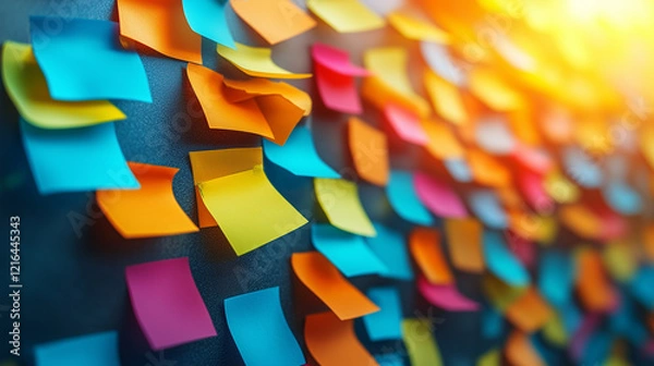 Fototapeta Sticky Note Post It Board Office. Business people meeting at office and use post it notes to share idea. Brainstorming concept. Sticky note on glass wall or blackboard. Set of colorful blank notes. 