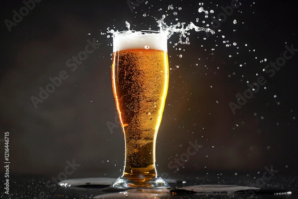 Fototapeta Golden beer with foamy splash in a pint glass, ideal for pub moments and friendly gatherings.