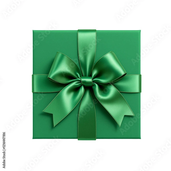 Obraz Green gift box with green silk ribbon bow on top view isolated on transparent background