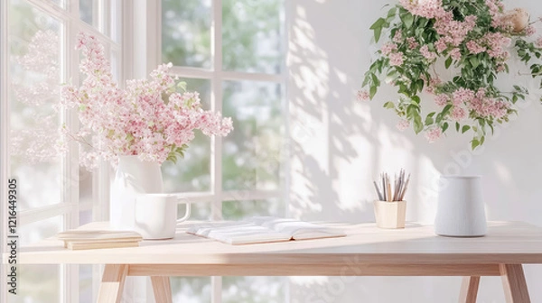 Fototapeta Serene Workspace: Sunlight, Blooms, and Open Book on Wooden Desk
