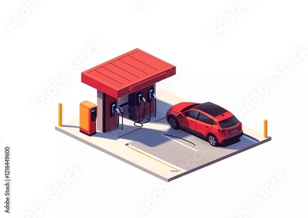 Obraz Car charging at the electric car charging station, vector illustration on a white background. Flat design style, stock photo contest winner. Isometric, simple and minimalistic, white background.