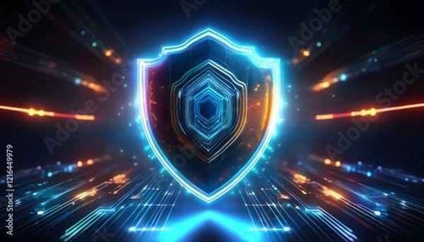 Fototapeta A glowing shield symbolizing digital security, surrounded by vibrant lines of light, representing protection and technology.