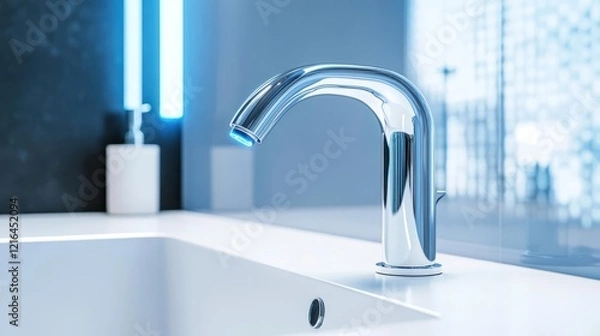 Fototapeta Chrome faucet with touchless sensor activation, set in a futuristic bathroom