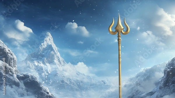 Fototapeta Golden trident symbol of god shiva against a of snowy mountains. Maha Shivaratri